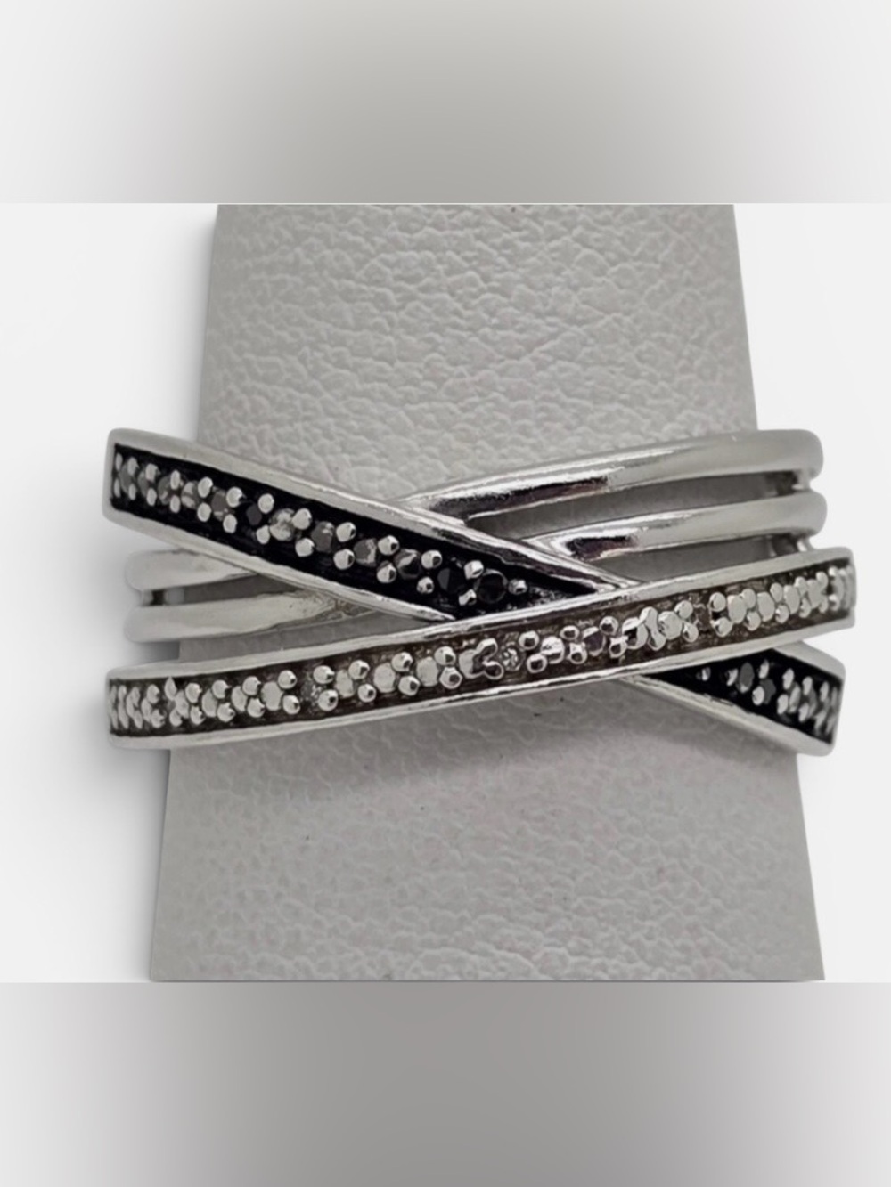 Black And White Diamond Crisscross Sterling Silver Ring